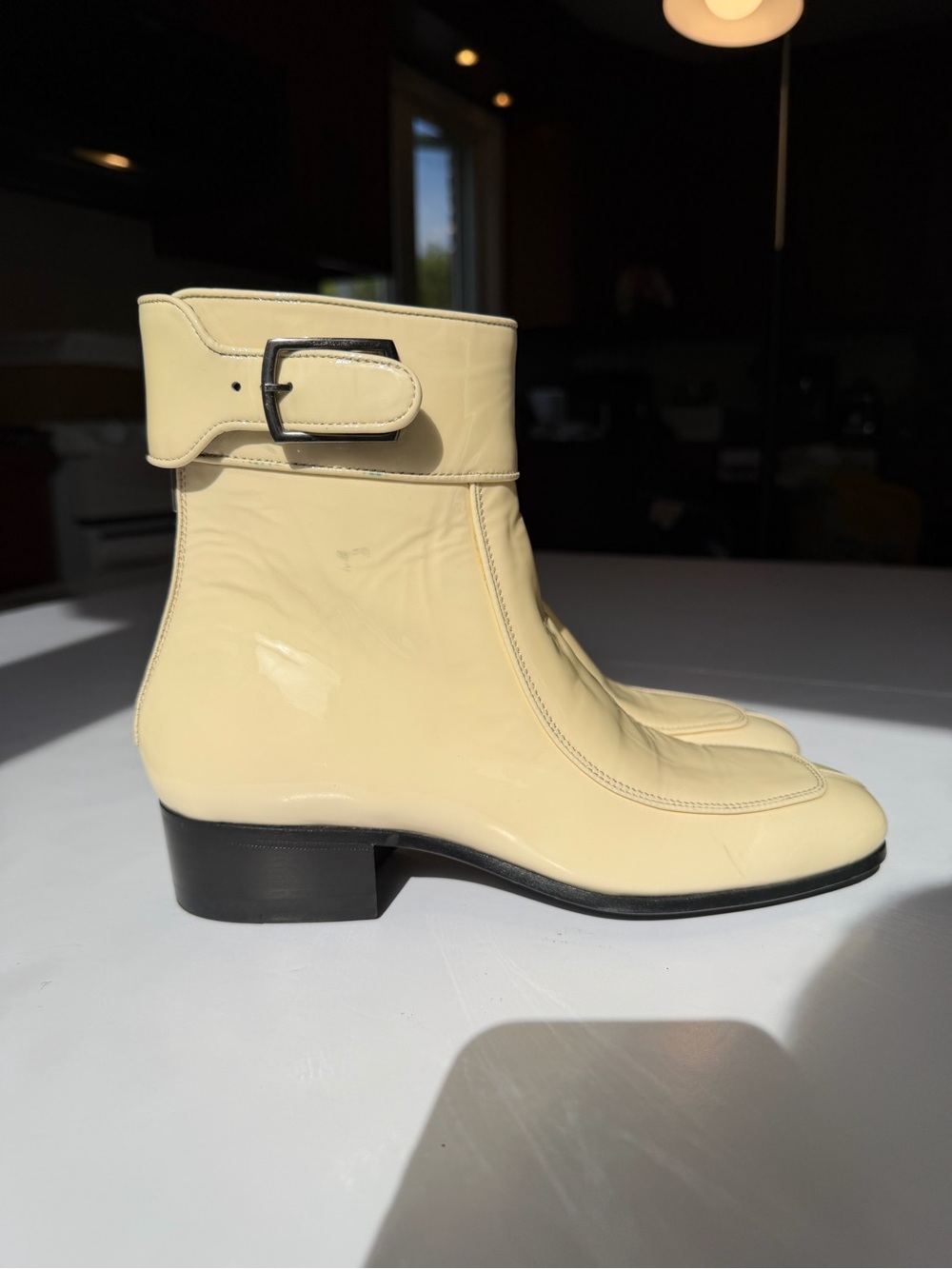 Yves Saint Laurent Cream Patent Leather Ankle Boots with Buckle ✨Authentic✨